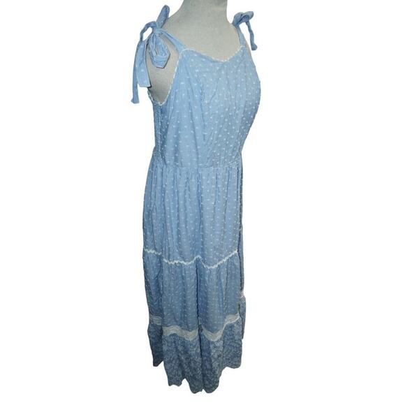 Shabby Chic Blue Polka Dot Tie Strap Midi Dress Size 10 Boho Cottagecore - Picture 3 of 5